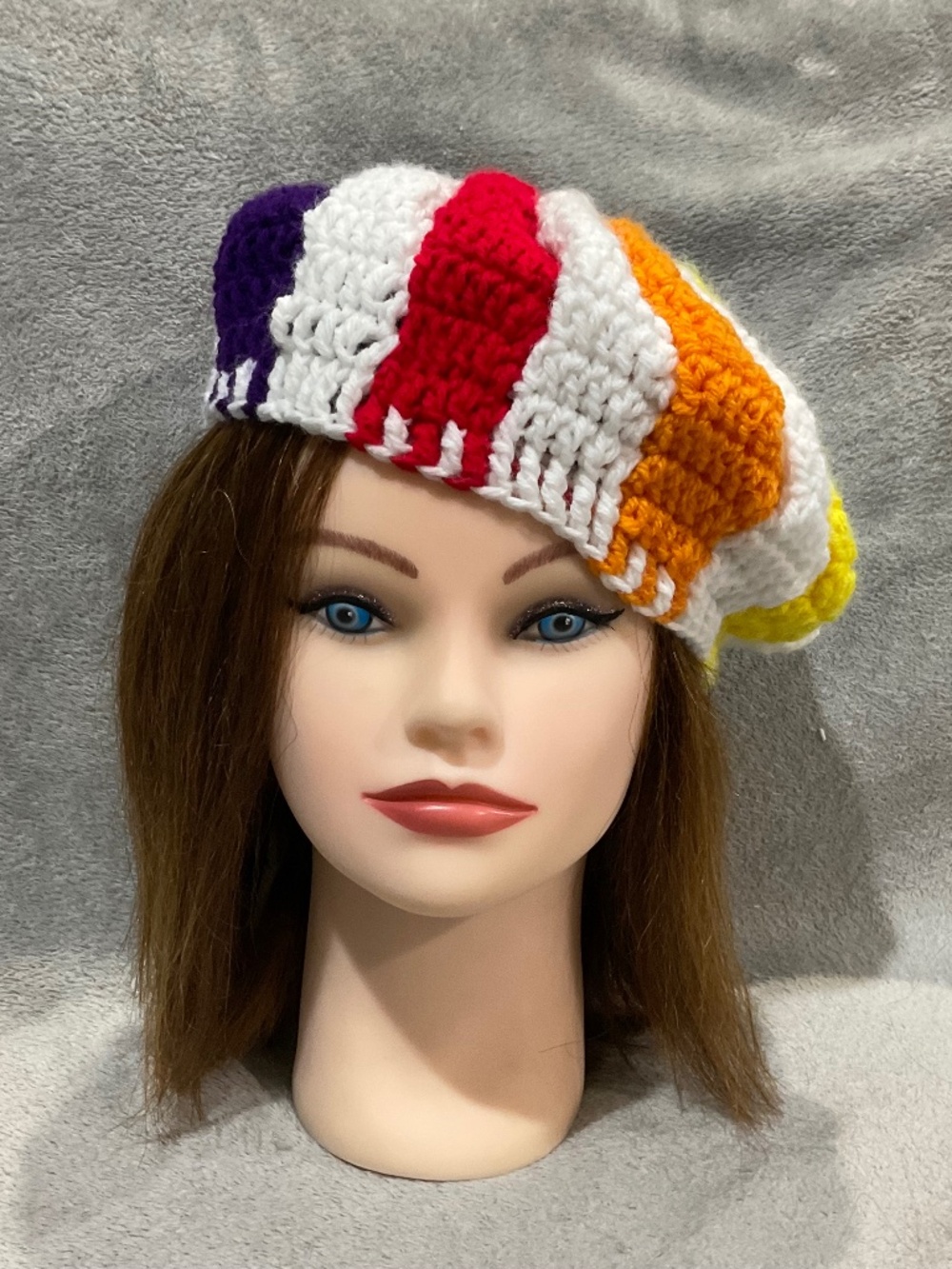 Rainbow swirl crochet beret hat handmade pride chic retro